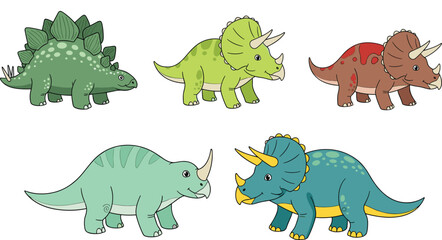 Colorful Cartoon Dinosaurs Including Stegosaurus, Triceratops, and Brontosaurus in Playful Poses for Children’s Storybooks, Educational Nature Media, and Creative Designs © MbBasir