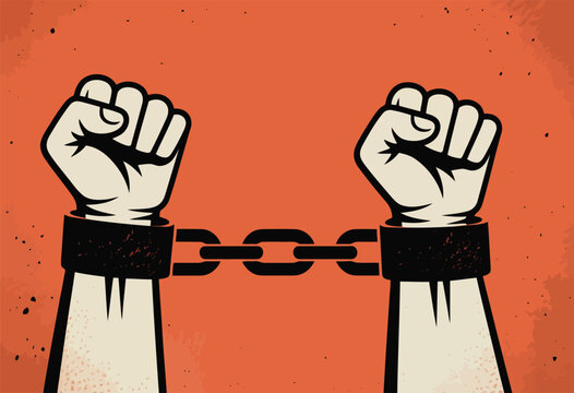 Two powerful fists are still bound by an unbroken chain on an orange background, symbolizing captivity and struggle