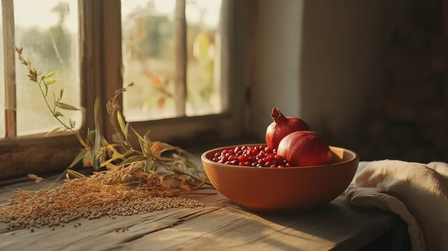 terracotta. A terracotta bowl filled with grains and pomegranates on a rustic wooden table. menu design, packaging mockups, designed for food delivery and cloud-kitchen brand materials.