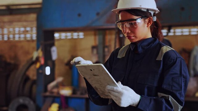 Focused female factory worker wearing hardhat and safety glasses holding digital tablet during serious production process inspection inside modern industrial manufacturing plant environment
