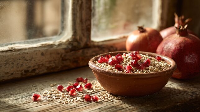 terracotta. A terracotta bowl filled with grains and pomegranates on a rustic wooden table. menu design, packaging mockups, designed for food delivery and cloud-kitchen brand materials.