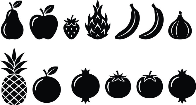Fruit silhouette illustration set featuring pear, apple, strawberry, dragon fruit, banana, fig, pineapple, orange, pomegranate, and tomato, food vector graphic, black-and-white drawing