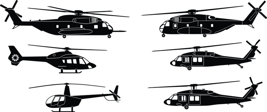 Helicopter silhouette illustration set featuring transport, utility, light, fenestron tail, and civilian aircraft, aviation vector graphic, diverse rotorcraft design, black-and-white drawing