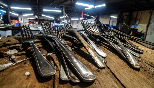 Tarnished Bent Cutlery Set Including Forks and Knives Showing Signs of Heavy Use on Wooden Surface