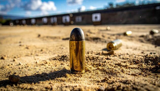 A single spent brass bullet casing stands upright in the sand at a shooting range with targets in the blurred background.