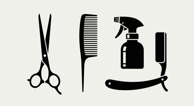 Professional Barber Shop Hair Salon Tools Set with Scissors Comb Spray Bottle and Straight Razor Silhouette &ndash; High Quality Adobe Illustrator Vector