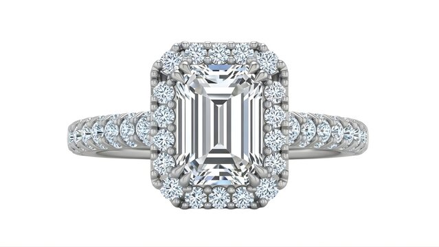 A luxurious diamond ring with a large emerald cut center stone and sparkling halo