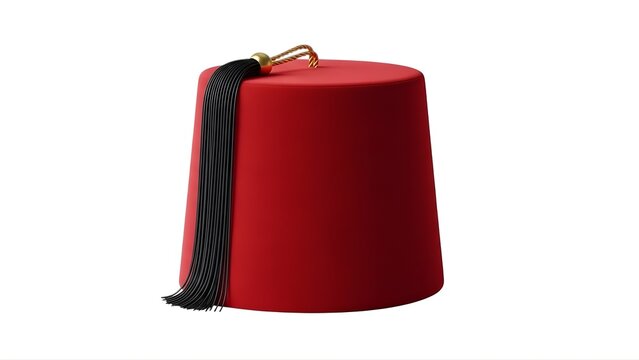 A vibrant red fez hat with a black tassel and gold accents on a white background