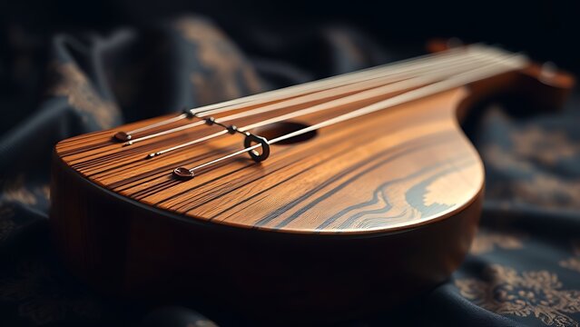 pipa. An exquisite rosewood pipa resting on brocade fabric, polished wood. event programs, museum guides, designed for cultural heritage projects and event programs, preserves heritage.
