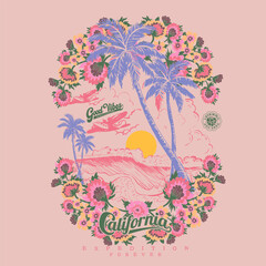 Obraz premium Tropical Flowers Graphic Design. hand drawing flowers with summer beach illustration. make it for girl's women's tee shirt print design. 