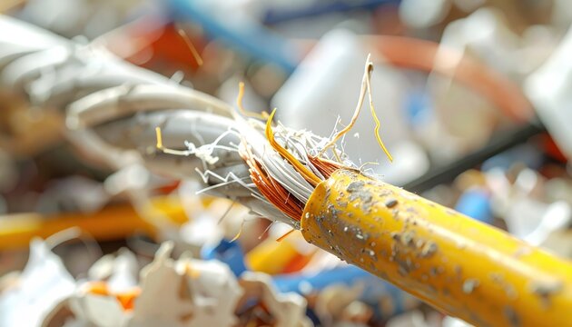 Close-up view of a thick, yellow, frayed electrical wire end with exposed copper and insulation fibers, showcasing industrial material detail and potential for recycling or reuse.