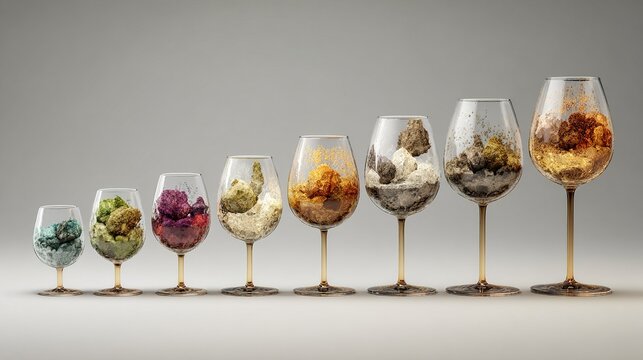 decade. Artistic visualization of wine glasses becoming more fragile with each decade marker, balancing enjoyment and health, bar promotions.