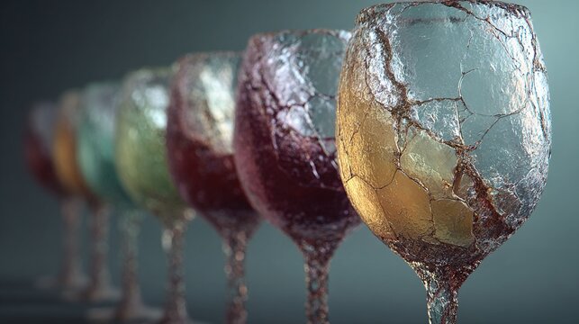 decade. Artistic visualization of wine glasses becoming more fragile with each decade marker, balancing enjoyment and health, bar promotions.