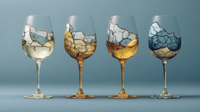 decade. Artistic visualization of wine glasses becoming more fragile with each decade marker, balancing enjoyment and health, bar promotions.