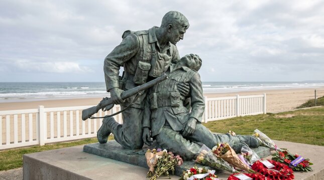 Sacrifice in Stone: A poignant monument of two figures in a moment of selfless service, set against the backdrop of a serene beach landscape, representing bravery and sacrifice.