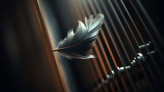 harpsichord. Close-up of a feather plectrum poised to pluck a harpsichord string. event programs, museum guides, designed for cultural heritage projects and event programs, used by event planners.

