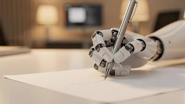 Sleek futuristic robot hand gracefully writing on blank paper with pen technology innovation
