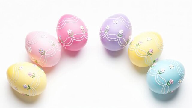 Pastel colored Easter eggs decorated with intricate white floral designs for spring celebration