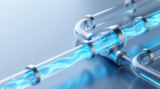 Futuristic real-time streaming Data Pipeline Architecture visualization, depicting continuous digital information flow through clean glass tube system for advanced processing and analytics