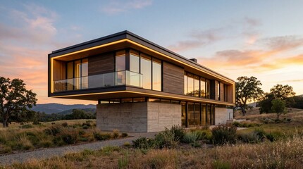 Fototapeta premium Modern luxury villa with minimalist design at sunset in rural landscape