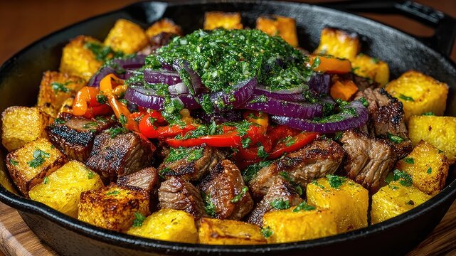 Hearty Beef Stew with Roasted Vegetables and Herbs.