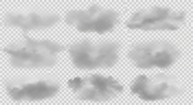 A set of grey cloud illustrations on a transparent background