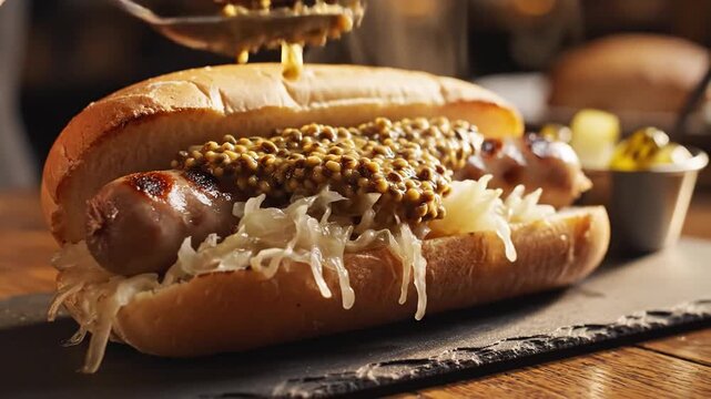 A Gourmet Bratwurst Hot Dog Loaded With Sauerkraut, Whole Grain Mustard, And Served On A Toasted Bun