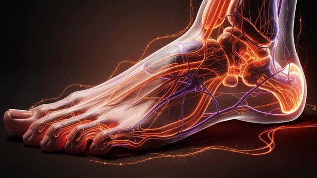 Detailed glowing animation of intricate human bones and nerves network in medical science visualization