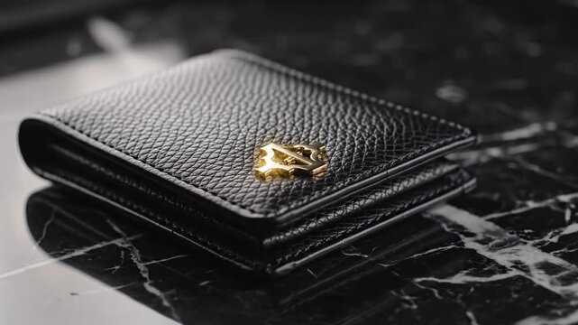 A Luxurious Black Leather Wallet with a Prominent Gold Logo on a Dark Marble Surface