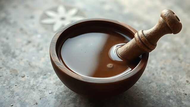 kava. Rustic wooden bowl filled with earthy kava beverage and a stone pestle beside it. bar promotions, beverage menus, designed for product packaging and bar promotions, inspires menu design.
