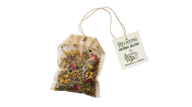 Teabag of a relaxing herbal blend with dried petals and leaves sits isolated on a plain white surface.