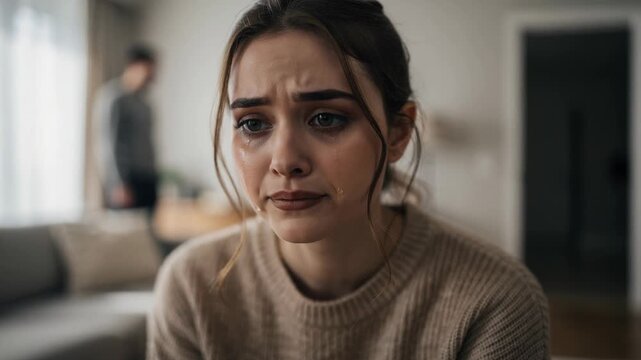 Emotional young woman crying on couch with sorrowful expression while man stands nearby in tense moment