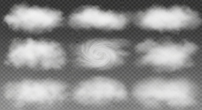 A set of white cloud icons on a transparent background