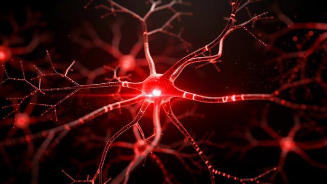 Mesmerizing close up of glowing red neurons firing and transmitting signals in the brain