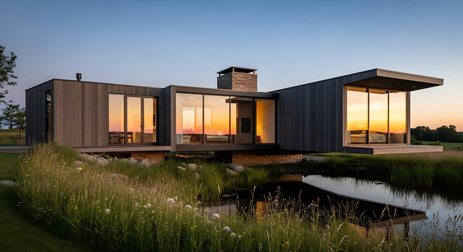 Modern Architecture A Sunset View of a Contemporary House with Reflective Pond and Natural Landscape
