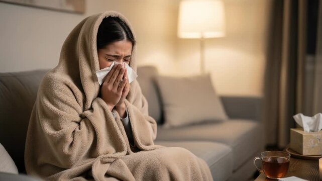 Person wrapped in cozy blanket sneezing into tissue while sitting on couch at home