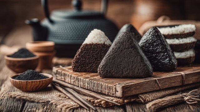 Traditional Japanese Onigiri Rice Balls with Seaweed and Sesame Seeds.