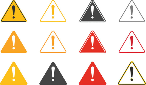 Warning triangle icons with exclamation mark in outline and solid styles. Safety alert symbols used for danger notice, risk indication, attention messages.