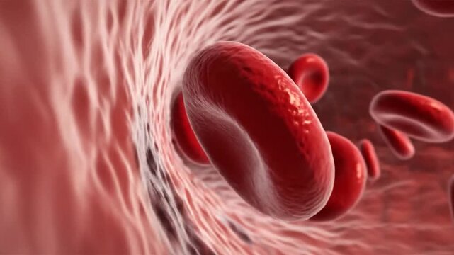 Close-up animation of red blood cells flowing through a narrow capillary in the human body, showcasing essential biological transport.