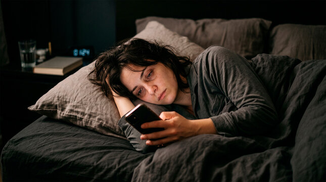 A woman is in bed, using her mobile phone in a dimly lit room
