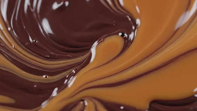 Close-up of molten chocolate and caramel swirling together creating a rich, abstract food texture background