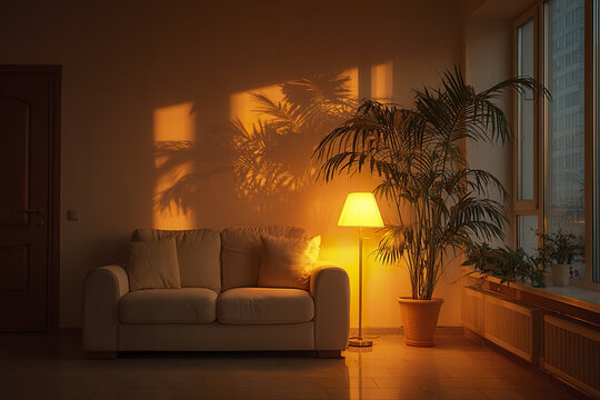Cozy living room with beige sofa, glowing floor lamp, and large potted plant casting shadows on wall, creating warm and inviting atmosphere during sunset