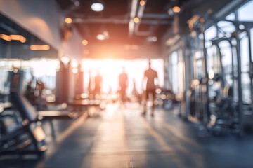 Fototapeta premium Blurred background of modern gym interior with fitness equipment and people exercising.