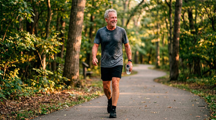 Obraz premium An active senior enjoys a stroll along a wooded path, smiling while enjoying the outdoors and getting exercise