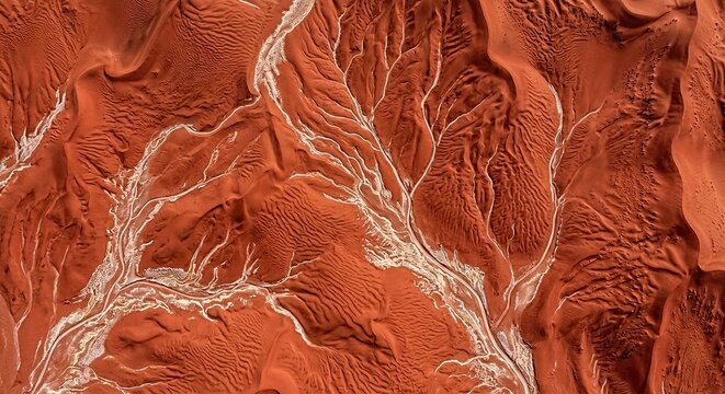 Abstract aerial of red desert badlands carved by pale erosion channels and branching mineral lines.generative AI