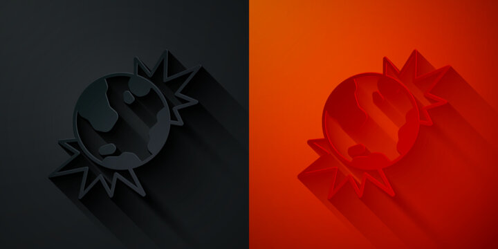 Paper cut Bomb explosive planet earth war danger icon isolated on black and red background. Paper art style. Vector
