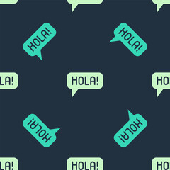 Green and beige Hola in different languages icon isolated seamless pattern on blue background. Speech bubbles. Vector © vector_v
