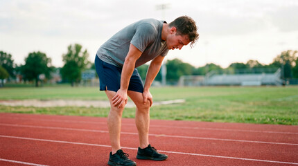 Fototapeta premium A tired runner catching his breath on a track