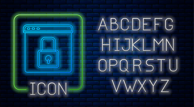 Glowing neon Secure your site with HTTPS, SSL icon isolated on brick wall background. Internet communication protocol. Neon light alphabet. Vector