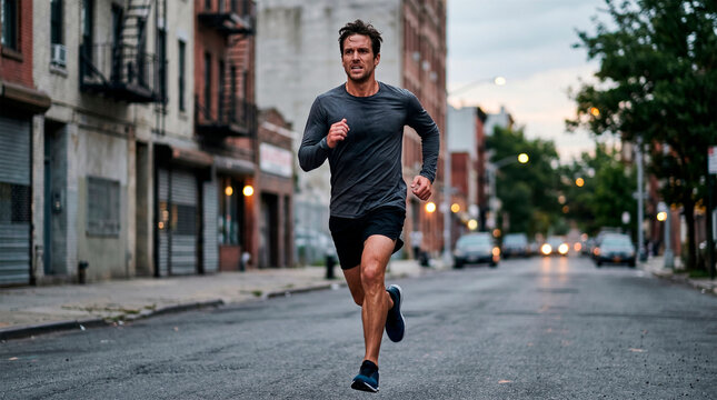 A man in sportswear running down a city street